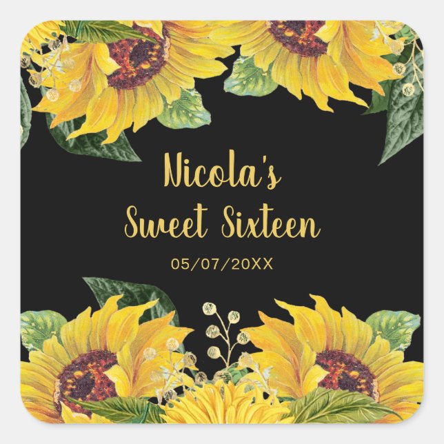 Sticker Carré Elegant Sunflowers and Foliage Sweet Sixteen (Devant)