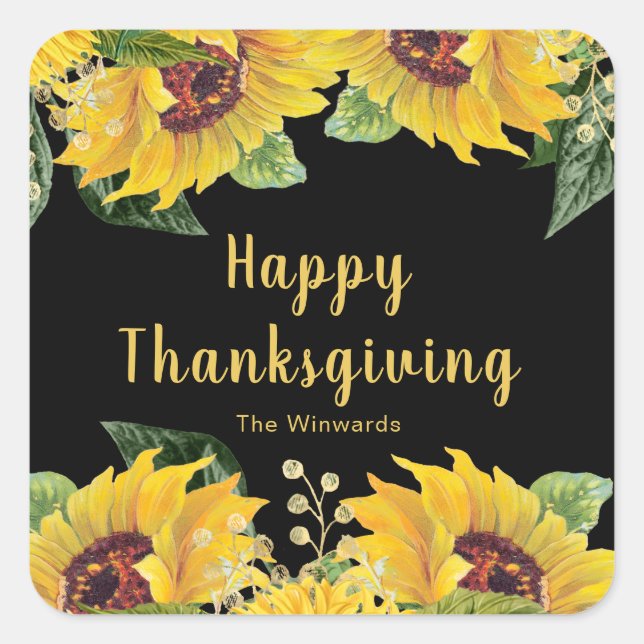 Sticker Carré Elegant Sunflowers and Foliage Thanksgiving Party (Devant)