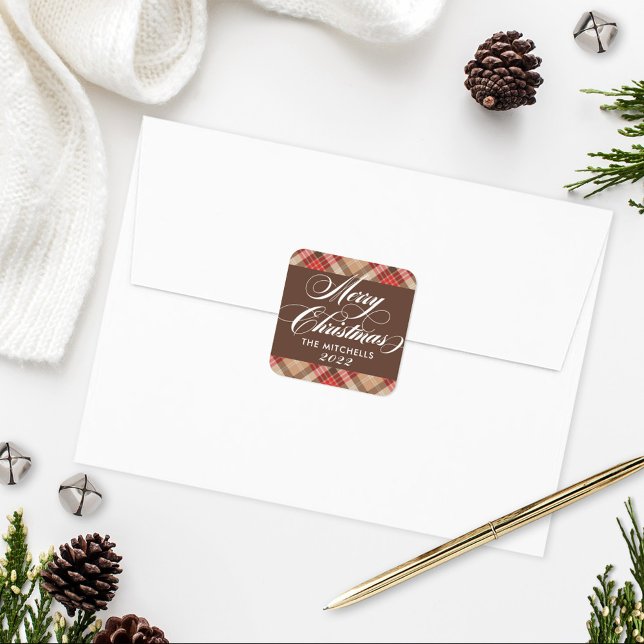 Sticker Carré Élégant Tan Brown Tartan Plaid Joyeux Noël (Créateur téléchargé)