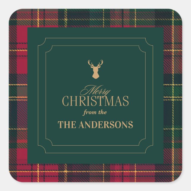 Sticker Carré Elegant Tartan Plaid Merry Christmas Family Name (Devant)
