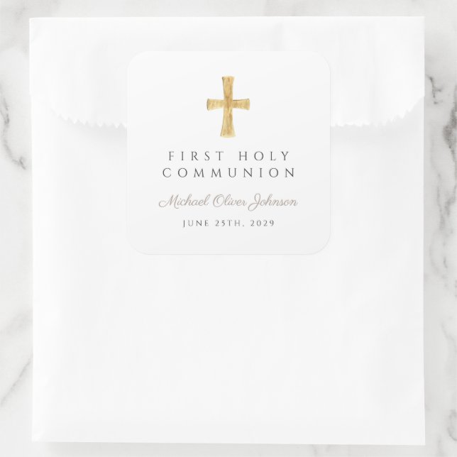 Sticker Carré Elégant Taupe Cross Boy First Communion (Sac)