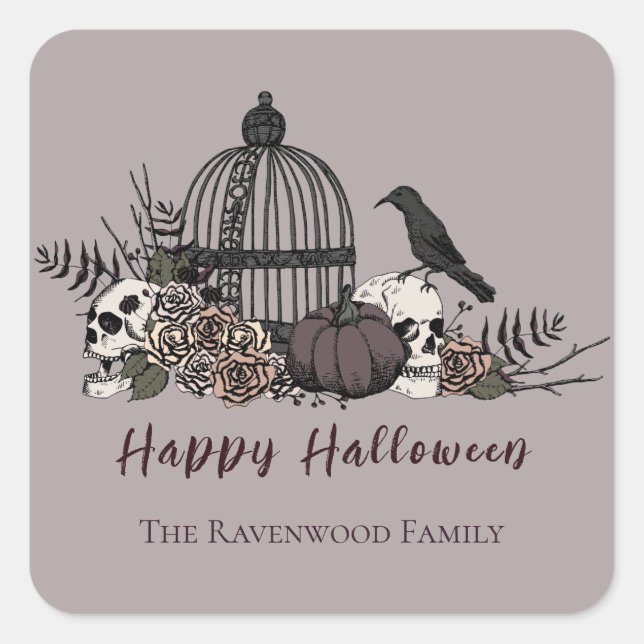 Sticker Carré Elégant Taupe Grey Gothic Happy Halloween (Devant)