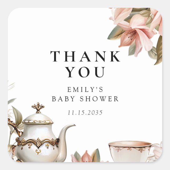 Sticker Carré Elegant Tea Party Baby Shower (Devant)