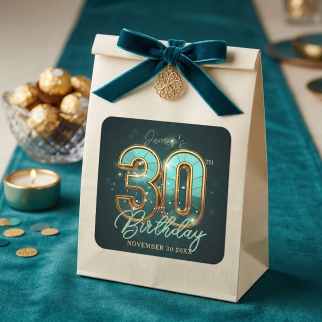 Sticker Carré Elegant Teal and Gold 30th Birthday 3D Luxury (Créateur téléchargé)