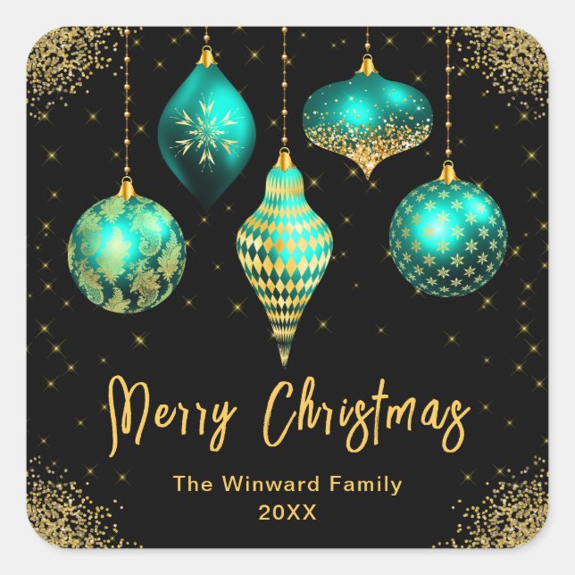 Sticker Carré Elegant Teal and Gold Ornament Christmas (Devant)