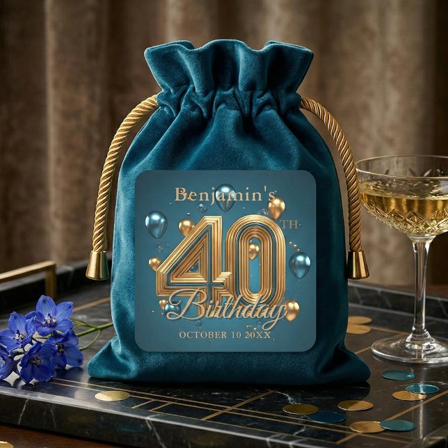Sticker Carré Elegant Teal Blue and Gold 40th Birthday Party (Créateur téléchargé)