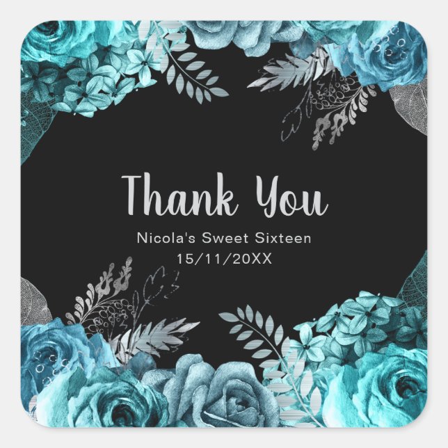 Sticker Carré Elegant Teal Blue and Silver Flowers Sweet Sixteen (Devant)