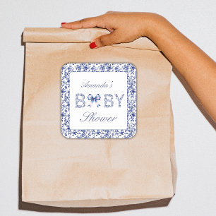 Sticker Carré Elégant Toile Bleue de Jouy et Baby shower Bow