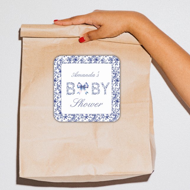 Sticker Carré Elégant Toile Bleue de Jouy et Baby shower Bow (Créateur téléchargé)