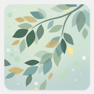 Sticker Carré Elegant Translucent Green and Gold Leaves