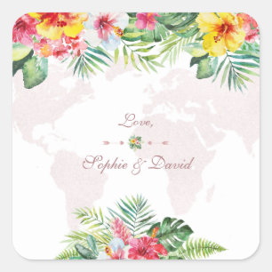 Sticker Carré Élégant Tropical Floral Gold World Map Mariage