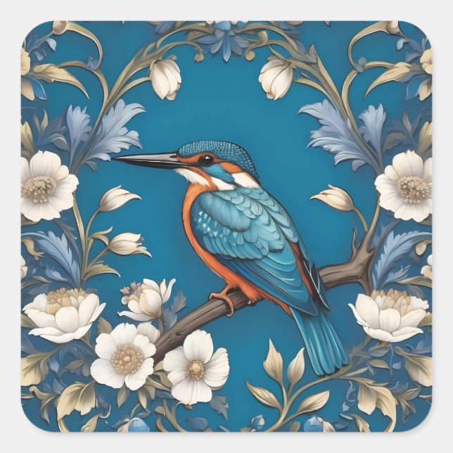 Sticker Carré Élégant turquoise Kingfisher Bird Floral (Devant)
