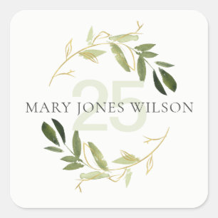 STICKER CARRÉ ÉLÉGANT VERT GOLD FOLIAGE WREATH TOUT ÂGE ANNIVERS