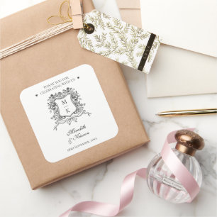 Sticker Carré Elégant Vintage Crest Line Art Monogram Merci