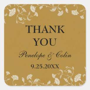 Sticker Carré Élégant Vintage or Floral Mariage Merci