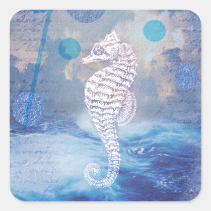 Sticker Carré Elegant Vintage Seahorse Blue Ocean Waves
