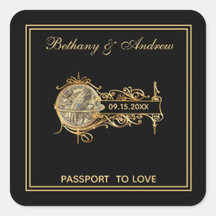 Sticker Carré Élégant Vintage voyage Black Gold Mariage