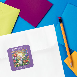 Sticker Carré Elégant violet Art Nouveau Bunny Jardin Pâques