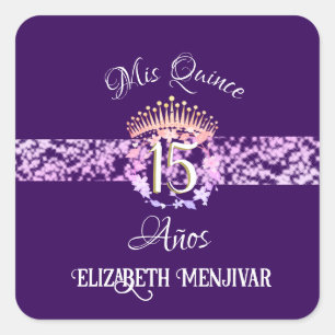 Sticker Carré Elégant violet et or Quinceañera espagnol