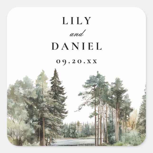 Sticker Carré Elégant Watercolor Lake Forest Mariage Woodland (Devant)