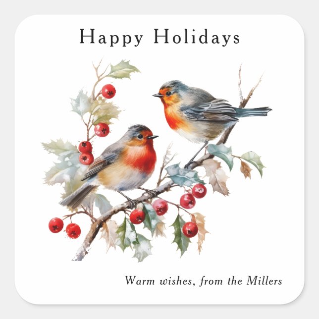 Sticker Carré Elegant Watercolor Robin Happy Holidays Custom  (Devant)