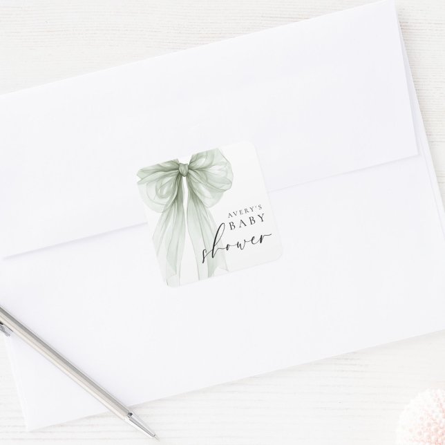 Sticker Carré Elegant White Sage Green Bow Baby Shower (Créateur téléchargé)