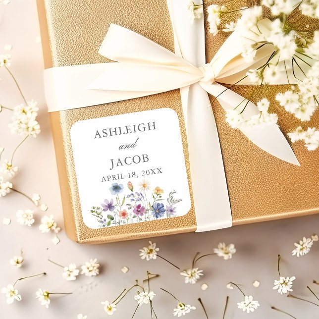Sticker Carré Elegant Wildflower Spring Wedding Personalized (Créateur téléchargé)