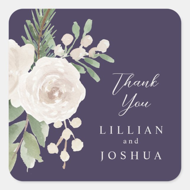 Sticker Carré Elegant Winter White Floral Purple Wedding (Devant)