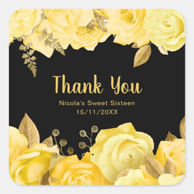Sticker Carré Elegant Yellow and Gold Flowers Sweet Sixteen (Devant)