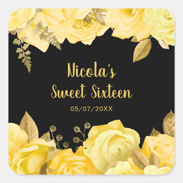 Sticker Carré Elegant Yellow and Gold Flowers Sweet Sixteen (Devant)