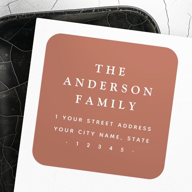 Sticker Carré Élégante adresse de retour marron en terre cuite (Elegant terracotta brown return address square sticker)