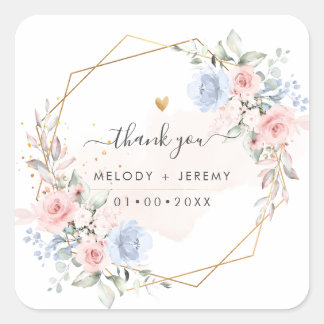 Sticker Carré Elégante aquarelle bleu bleu foncé Merci rose