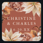 Sticker Carré Elégante aquarelle d'automne Mariage en terre cuit<br><div class="desc">Cette jolie conception autocollante mariage comporte une bordure de fleurs d'aquarelle dans de beaux tons d'automne. La typographie est simple mais élégante. Customisez-le avec votre nom et votre date de mariage. Ces autocollants sont un merveilleux ajout à vos faveurs de mariage. Vous pouvez également les utiliser pour décorer l'enveloppe de...</div>