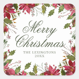 Sticker Carré Elégante aquarelle de Noël Poinsettia