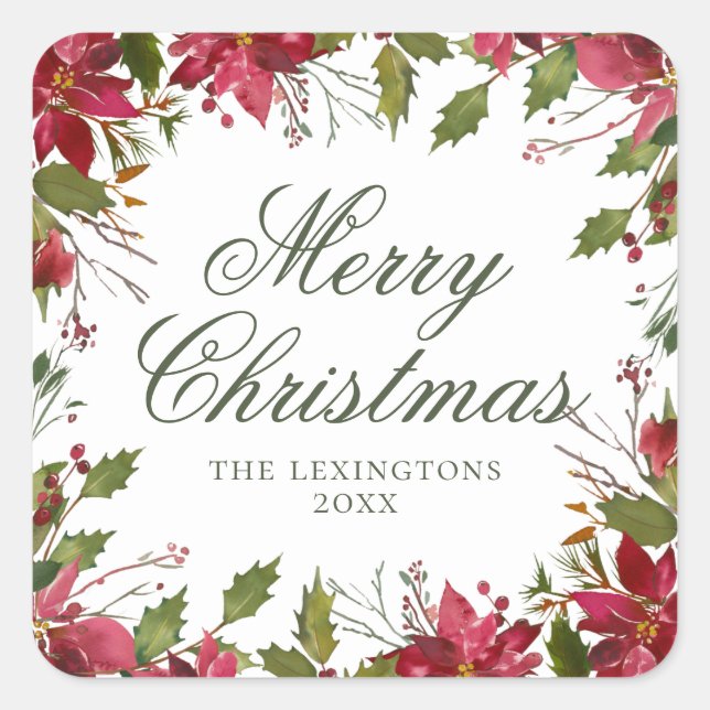 Sticker Carré Elégante aquarelle de Noël Poinsettia (Devant)