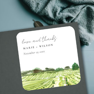 Sticker Carré Elégante aquarelle Green Winery Vignoble Mariage