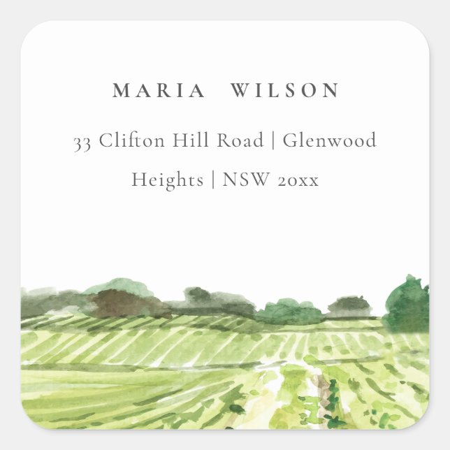 Sticker Carré Elégante aquarelle Green Winery Vineyard Adresse (Devant)