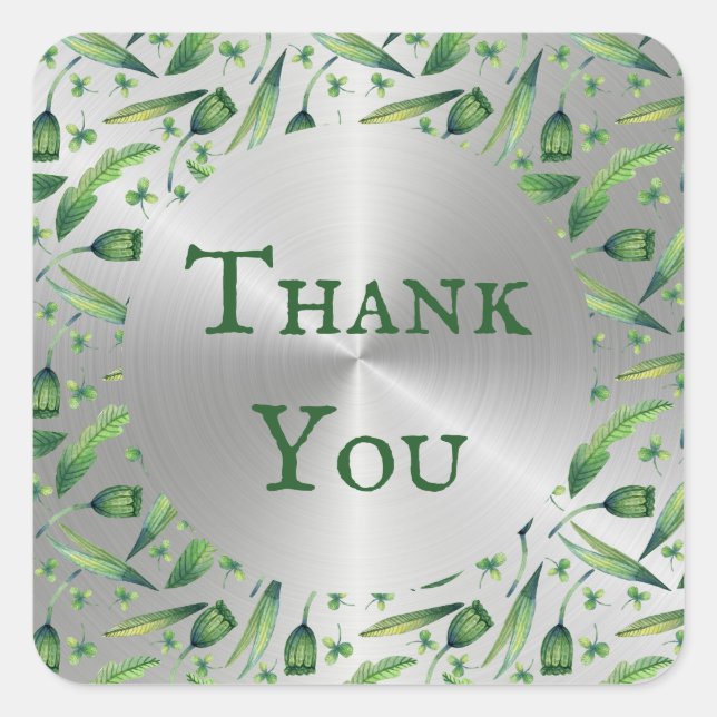 Sticker Carré Elégante Aquarelle verte argent Merci floral (Devant)