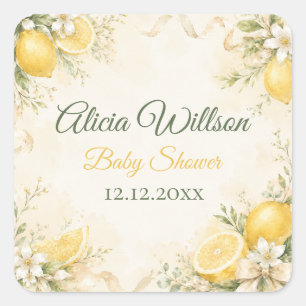 Sticker Carré Élégante Baby Shower Botanique au Citron