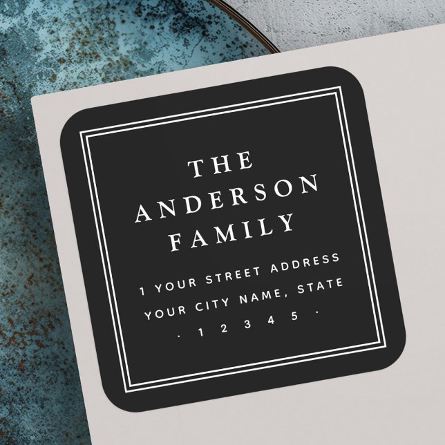 Sticker Carré Elégante bordure de nom de famille noire adresse d (Elegant family name border black return address square sticker)