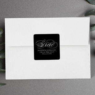 Sticker Carré Élégante calligraphie noir et blanc Graduation