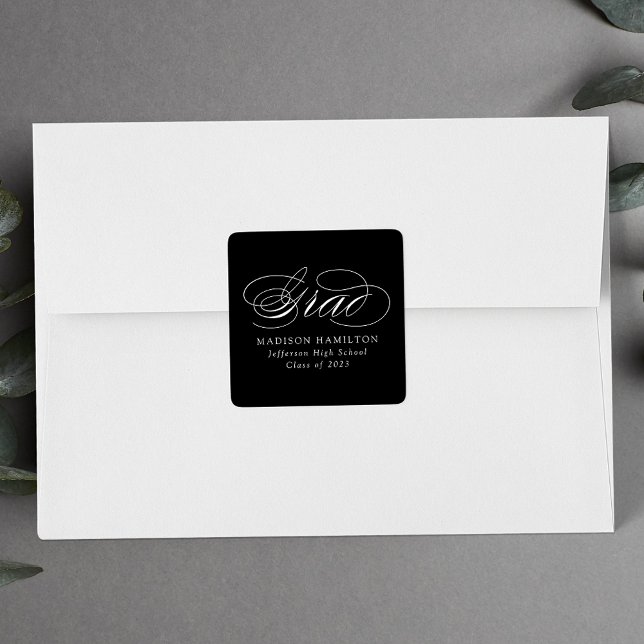 Sticker Carré Élégante calligraphie noir et blanc Graduation (Créateur téléchargé)