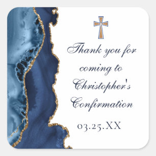 Sticker Carré Élégante confirmation Croix Marine Blue Gold Agate