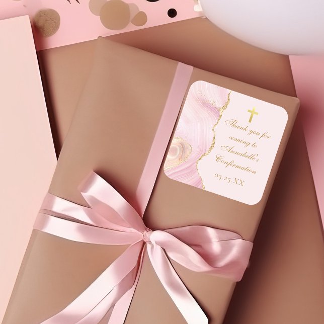 Sticker Carré Élégante confirmation Croix Rose Or Agate Personna (Créateur téléchargé)