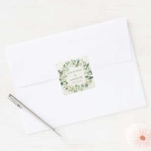 Sticker Carré Elégante crème Snowberry+Eucalyptus Wreath Mariage
