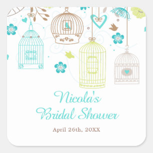 Sticker Carré Élégante douche de mariée florale verte et bleue