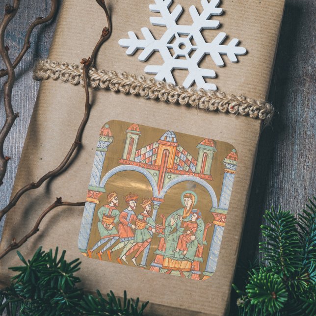 Sticker Carré Élégante Epiphanie or Noël Nativité médiévale (Gold Elegant Epiphany Three Kings Catholic Christian Christmas Nativity Scene Medieval Gift Sticker)