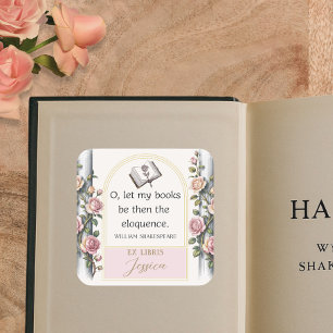 Sticker Carré Elégante Ex Libris Aquarelle Florale Plaque