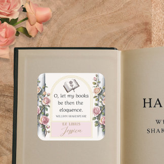 Sticker Carré Elégante Ex Libris Aquarelle Florale Plaque