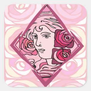Sticker Carré Élégante femme Rose Art Nouveau